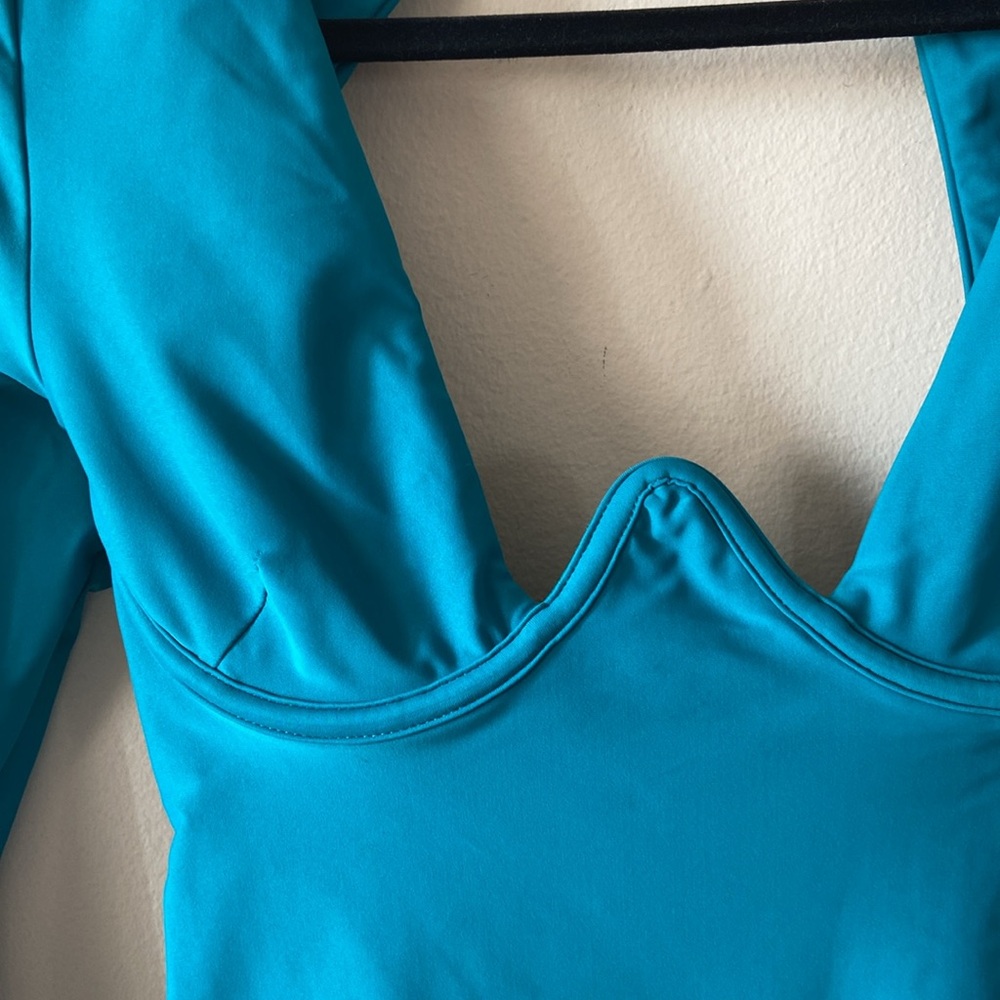 New Andrea Iyamah One Piece Swimsuit M Teal Cutout Deep V Long Sleeve Resort - Picture 2 of 9